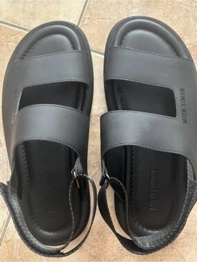 MICH SIMON Black Leather Men's Dual-Strap Slide Sandals